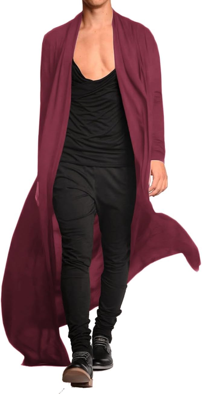 Men's Lightweight Shawl Collar Cape Cardigan - Open Front Long Drape Overcoat for Layering Over Basics - Small