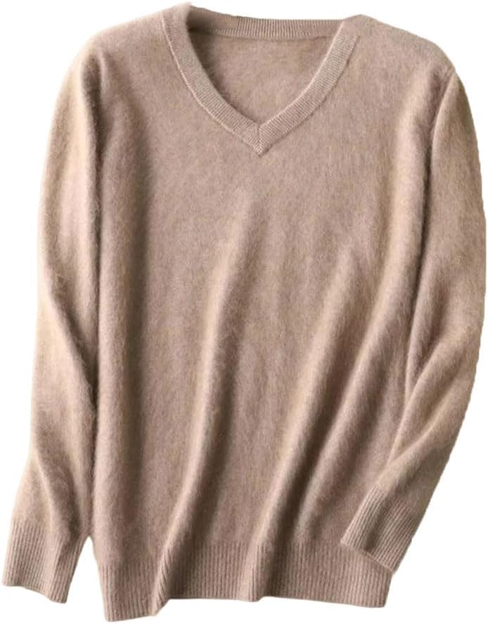 Men's Mink Cashmere V Neck Sweater - Solid Color Knit Pullover in Larger Sizes for Warm Winter Layering - Small