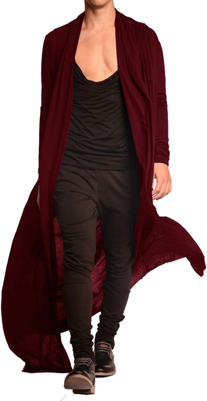 Men's Lightweight Shawl Collar Cape Cardigan - Open Front Long Drape Overcoat for Layering Over Basics - Small