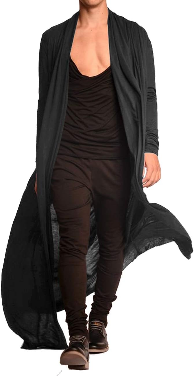Men's Lightweight Shawl Collar Cape Cardigan - Open Front Long Drape Overcoat for Layering Over Basics - Small