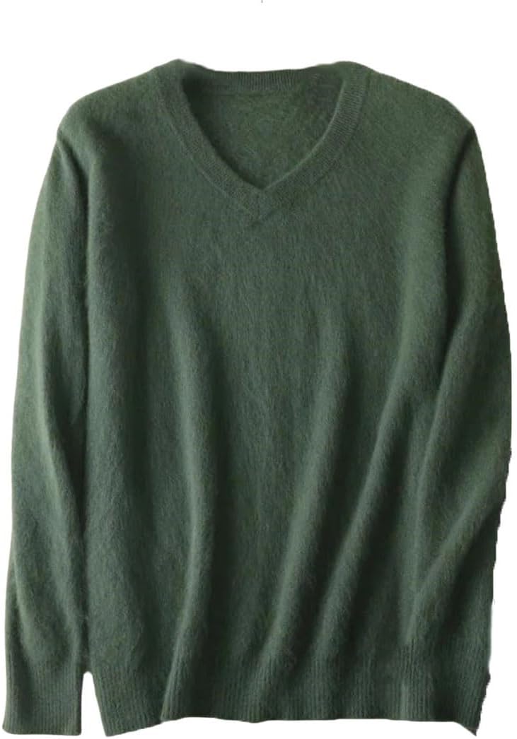 Men's Mink Cashmere V Neck Sweater - Solid Color Knit Pullover in Larger Sizes for Warm Winter Layering - Small