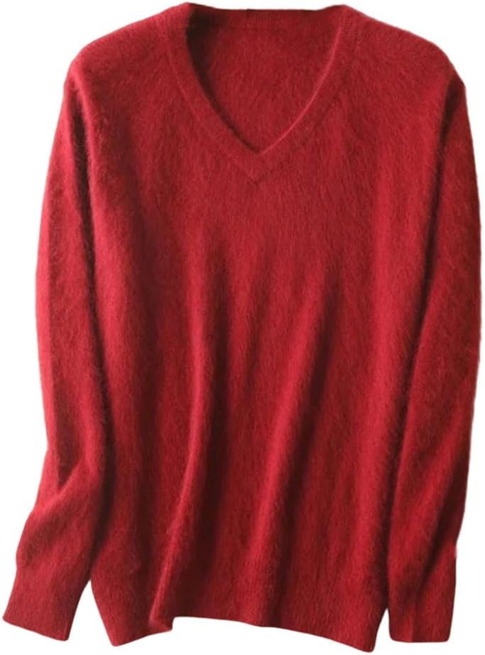 Men's Mink Cashmere V Neck Sweater - Solid Color Knit Pullover in Larger Sizes for Warm Winter Layering - Small