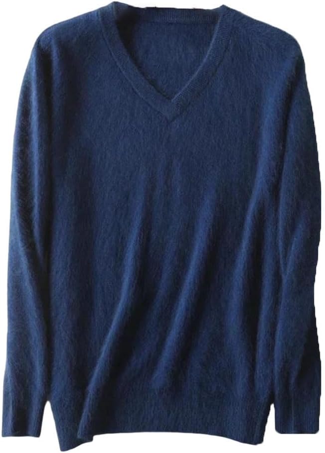 Men's Mink Cashmere V Neck Sweater - Solid Color Knit Pullover in Larger Sizes for Warm Winter Layering - Small