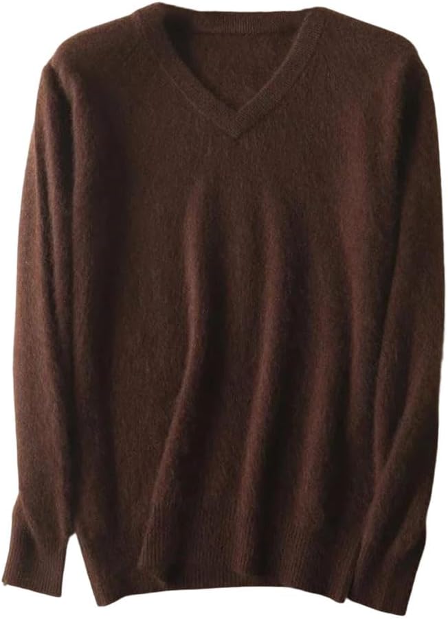 Men's Mink Cashmere V Neck Sweater - Solid Color Knit Pullover in Larger Sizes for Warm Winter Layering - Medium