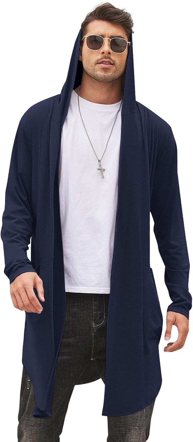 Men's Hooded Shawl Collar Long Cardigan - Open Front Drape Cape with Curved Hem and Two Pockets for Festivals - Small