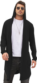 Men's Hooded Shawl Collar Long Cardigan - Open Front Drape Cape with Curved Hem and Two Pockets for Festivals - Small