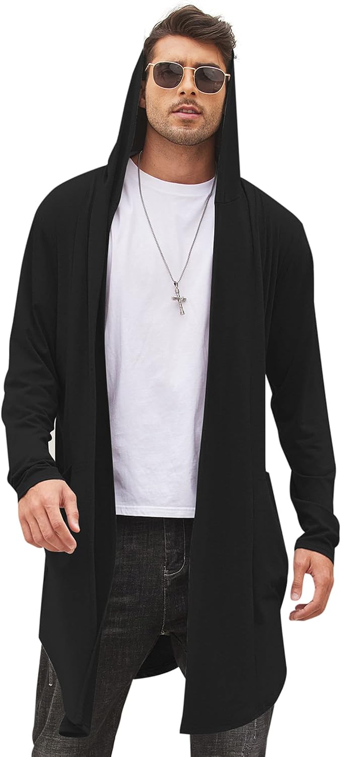 Men's Hooded Shawl Collar Long Cardigan - Open Front Drape Cape with Curved Hem and Two Pockets for Festivals - Small