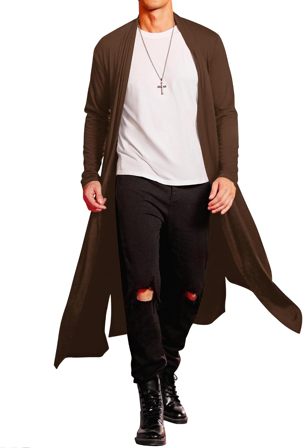 Men's Lightweight Shawl Collar Cape Cardigan - Open Front Long Drape Overcoat for Layering Over Basics - Small