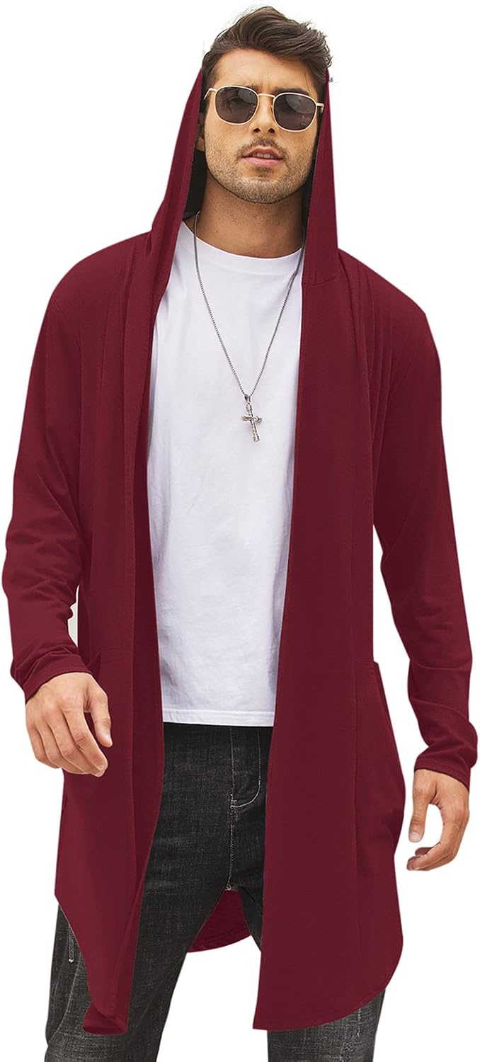 Men's Hooded Shawl Collar Long Cardigan - Open Front Drape Cape with Curved Hem and Two Pockets for Festivals - Small