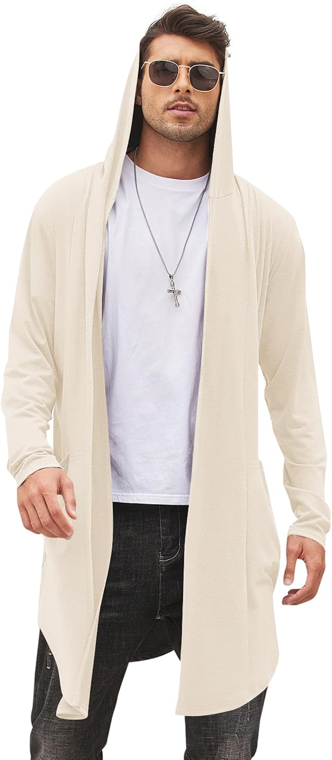 Men's Hooded Shawl Collar Long Cardigan - Open Front Drape Cape with Curved Hem and Two Pockets for Festivals - Small