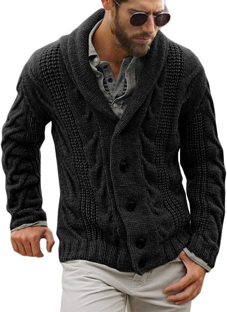 Men's Chunky Cable Knit Shawl Collar Cardigan - Loose Fit Button Down Sweater for Winter Fireside Evenings - Medium
