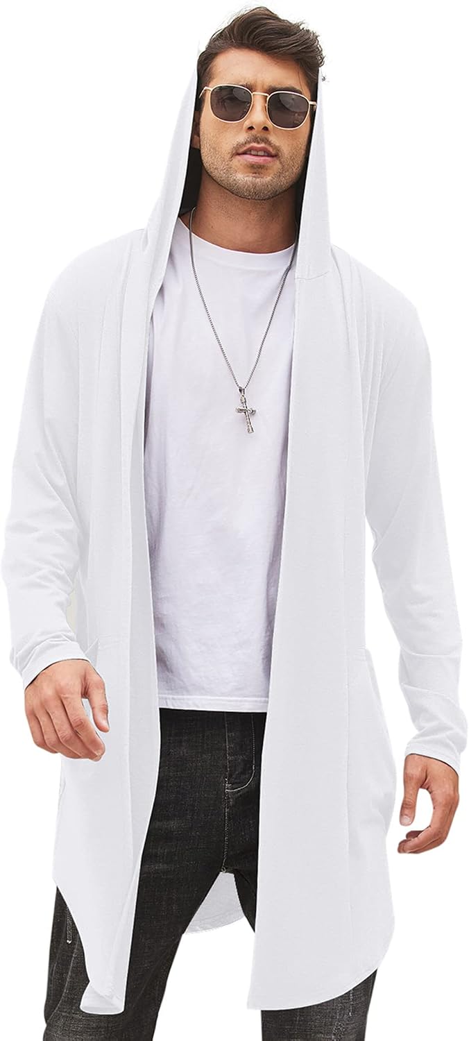 Men's Hooded Shawl Collar Long Cardigan - Open Front Drape Cape with Curved Hem and Two Pockets for Festivals - Medium