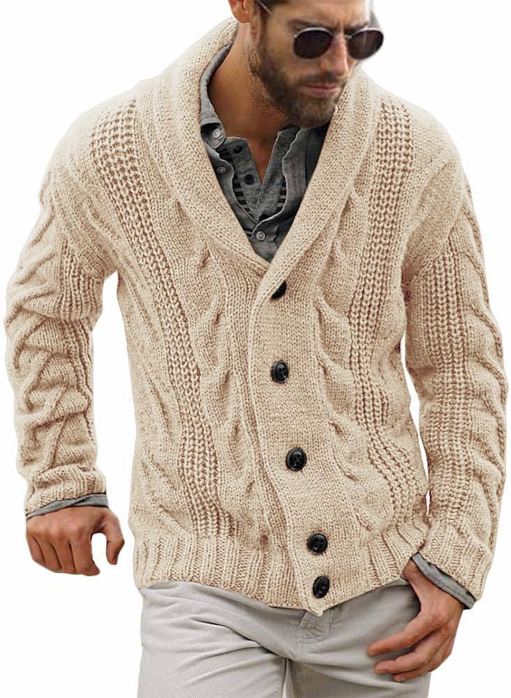 Men's Chunky Cable Knit Shawl Collar Cardigan - Loose Fit Button Down Sweater for Winter Fireside Evenings - Medium