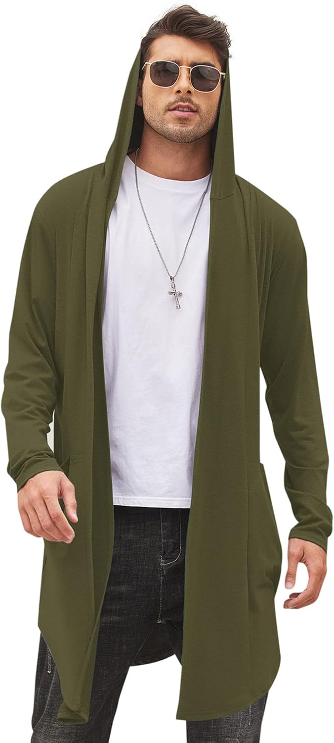 Men's Hooded Shawl Collar Long Cardigan - Open Front Drape Cape with Curved Hem and Two Pockets for Festivals - Small