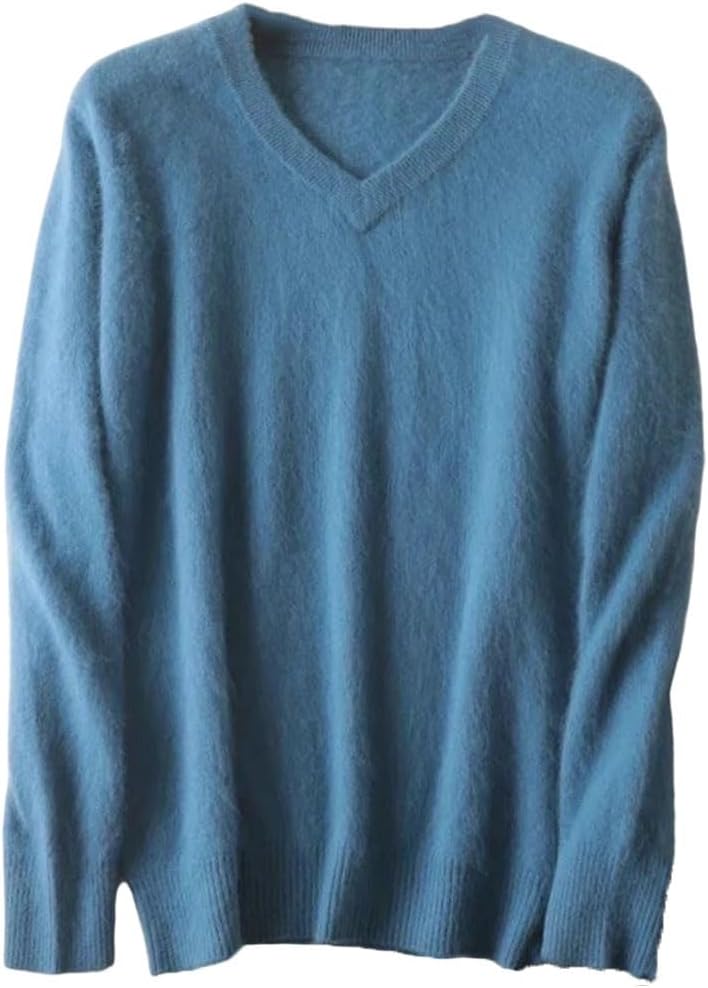 Men's Mink Cashmere V Neck Sweater - Solid Color Knit Pullover in Larger Sizes for Warm Winter Layering - Medium