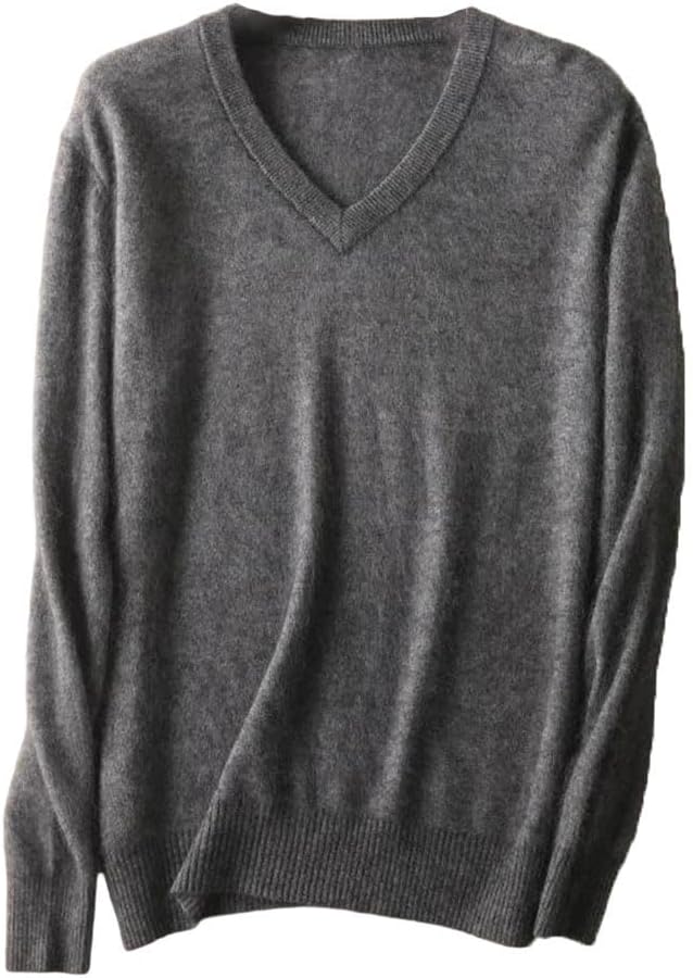 Men's Mink Cashmere V Neck Sweater - Solid Color Knit Pullover in Larger Sizes for Warm Winter Layering - Medium
