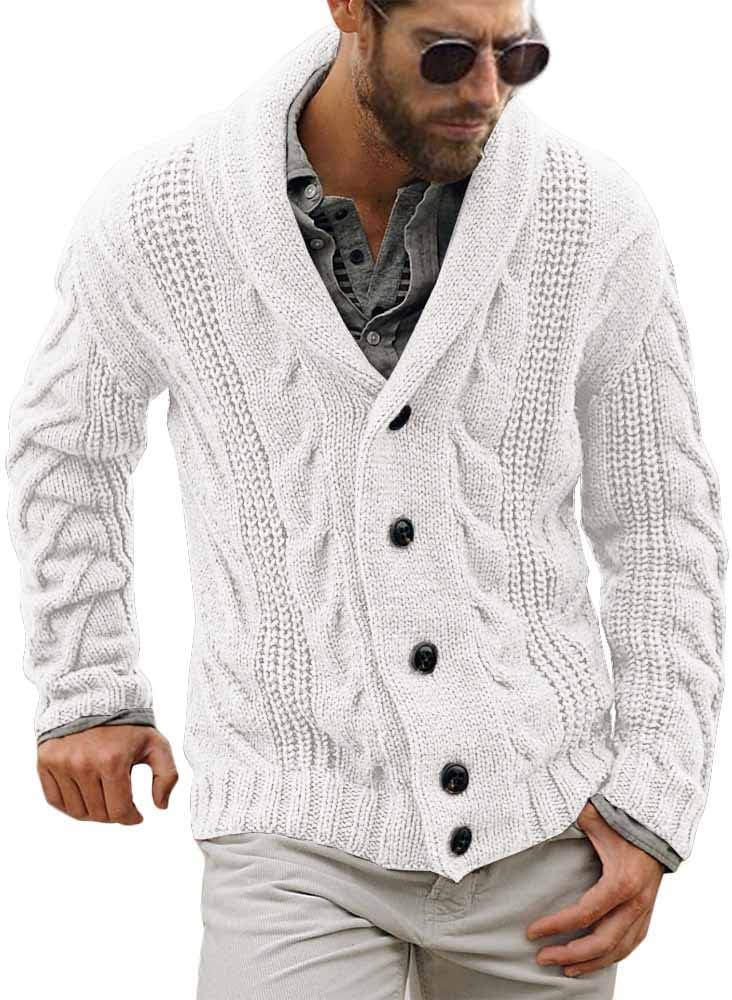 Men's Chunky Cable Knit Shawl Collar Cardigan - Loose Fit Button Down Sweater for Winter Fireside Evenings - Medium