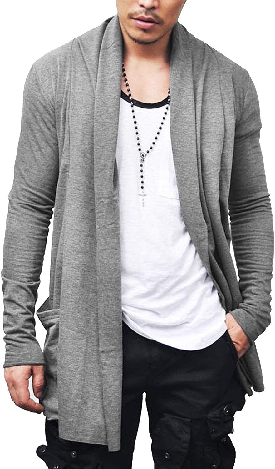 Men's Ruffle Shawl Collar Long Cardigan in Gray