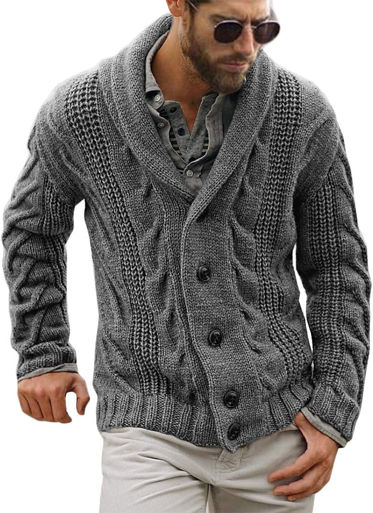 Men's Chunky Cable Knit Shawl Collar Cardigan - Loose Fit Button Down Sweater for Winter Fireside Evenings - Medium