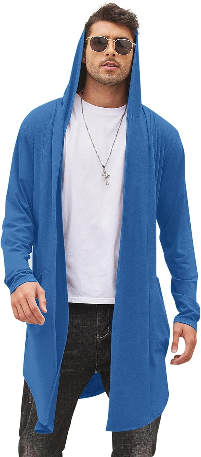 Men's Hooded Shawl Collar Long Cardigan - Open Front Drape Cape with Curved Hem and Two Pockets for Festivals - Small