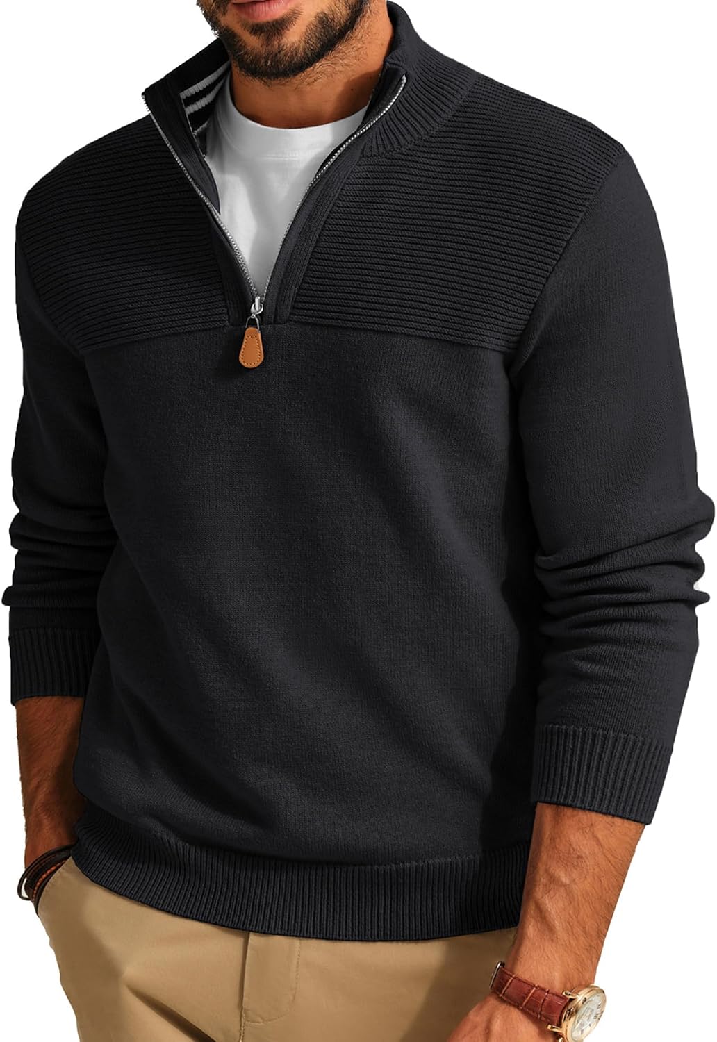 Men's Knit Textured Quarter Zip Pullover - Mock Neck Slim Fit Sweater with Soft Warm Feel for Casual Workdays - Medium