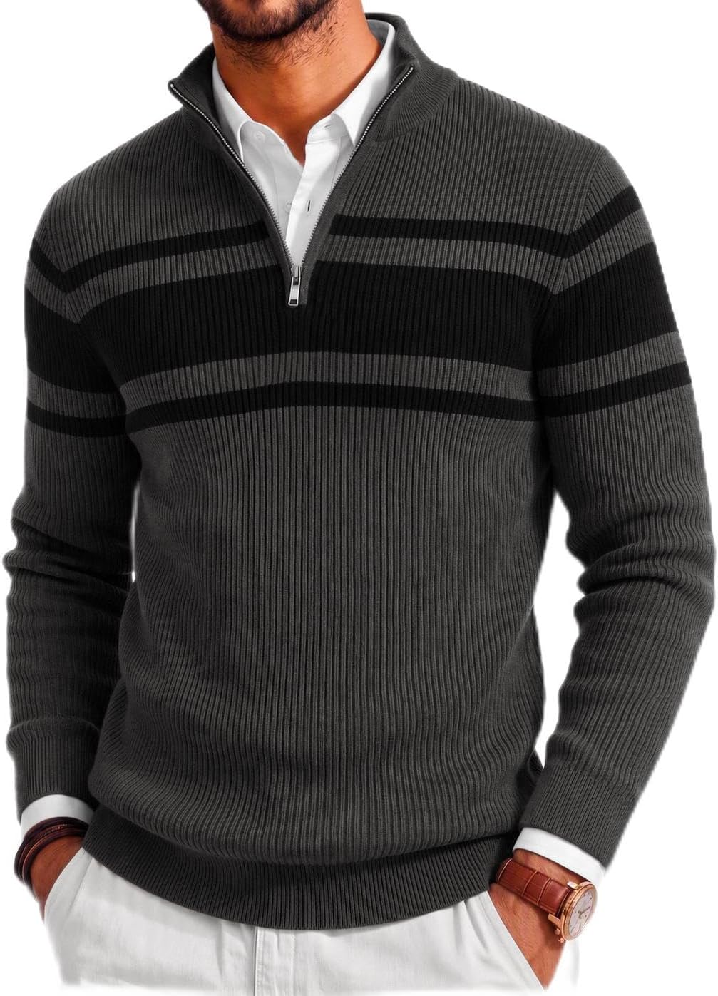 Men's Lightweight Ribbed Knit Quarter Zip Pullover - Slim Fit Mock Neck in Solid Color for Golf and Travel - Large (26)