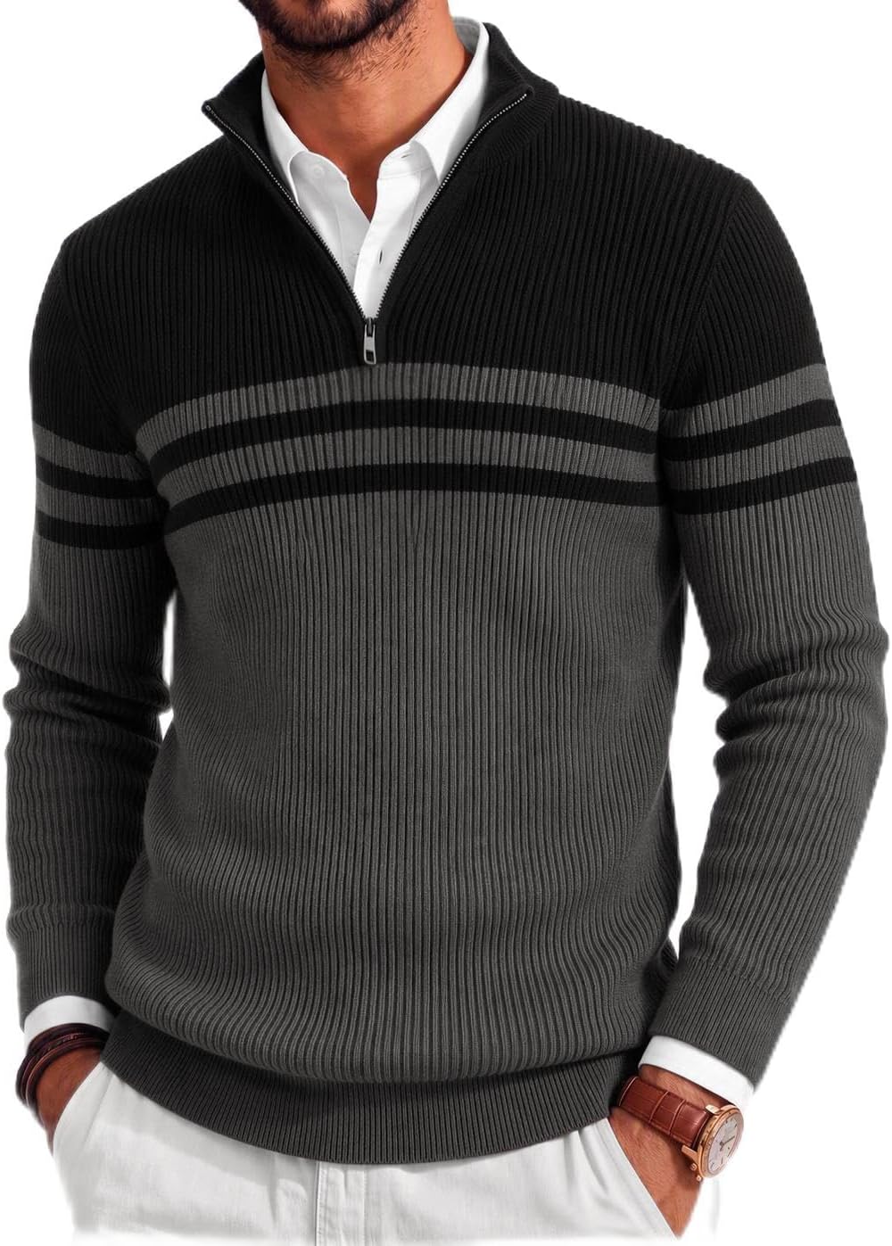 Men's Lightweight Ribbed Knit Quarter Zip Pullover - Slim Fit Mock Neck in Solid Color for Golf and Travel - Large