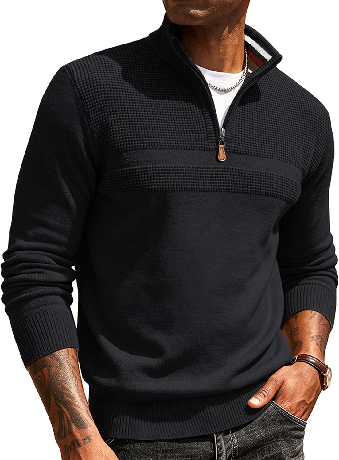 Men's Textured Quarter Zip Polo Sweater - Slim Fit Mock Neck Knit That Breathes for Business Casual Days - Small