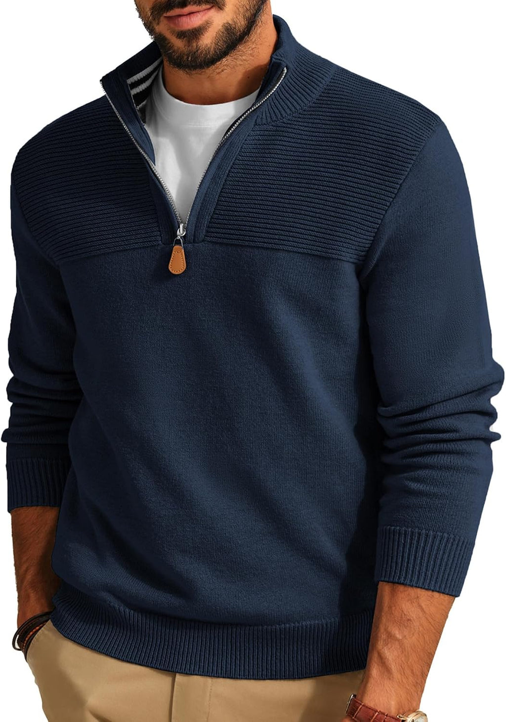 Men's Knit Textured Quarter Zip Pullover - Mock Neck Slim Fit Sweater with Soft Warm Feel for Casual Workdays - Small