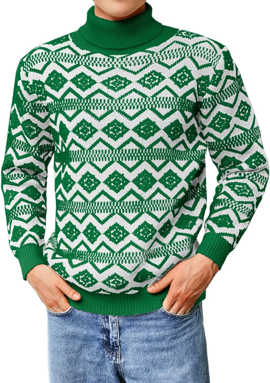Men's Nordic Chunky Knit Turtleneck Sweater in Dark Green