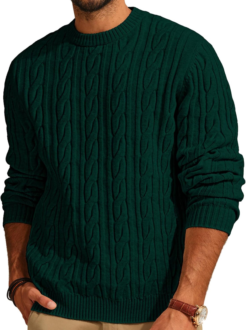 Men's Cable Knit Crewneck Sweater - Twist Textured Regular Fit Pullover in Solid Color for Business Casual Days - Medium