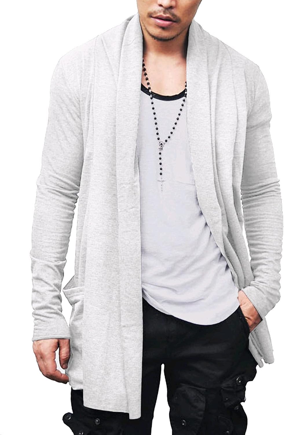 Men's Ruffle Shawl Collar Long Cardigan in White