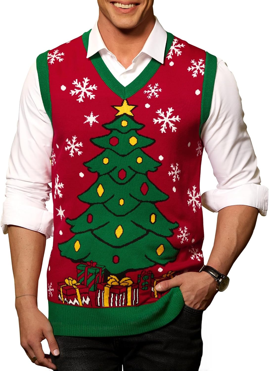Men's Christmas Sweater Vest - V Neck Sleeveless Knit with Santa and Gingerbread Motifs in Sizes S to 3XL - Gray - Jesus