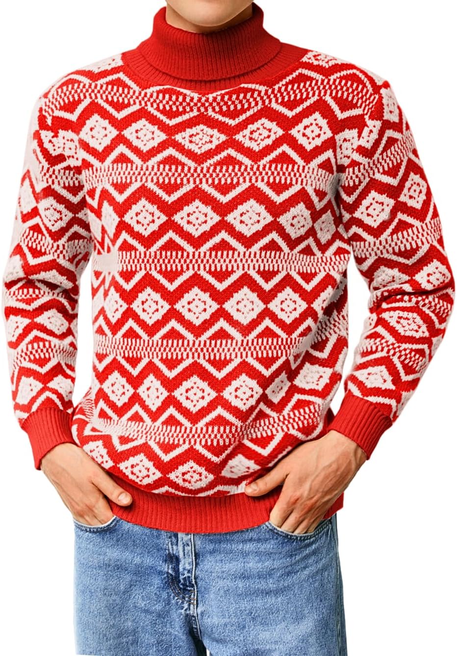 Men's Nordic Chunky Knit Turtleneck Sweater in Red