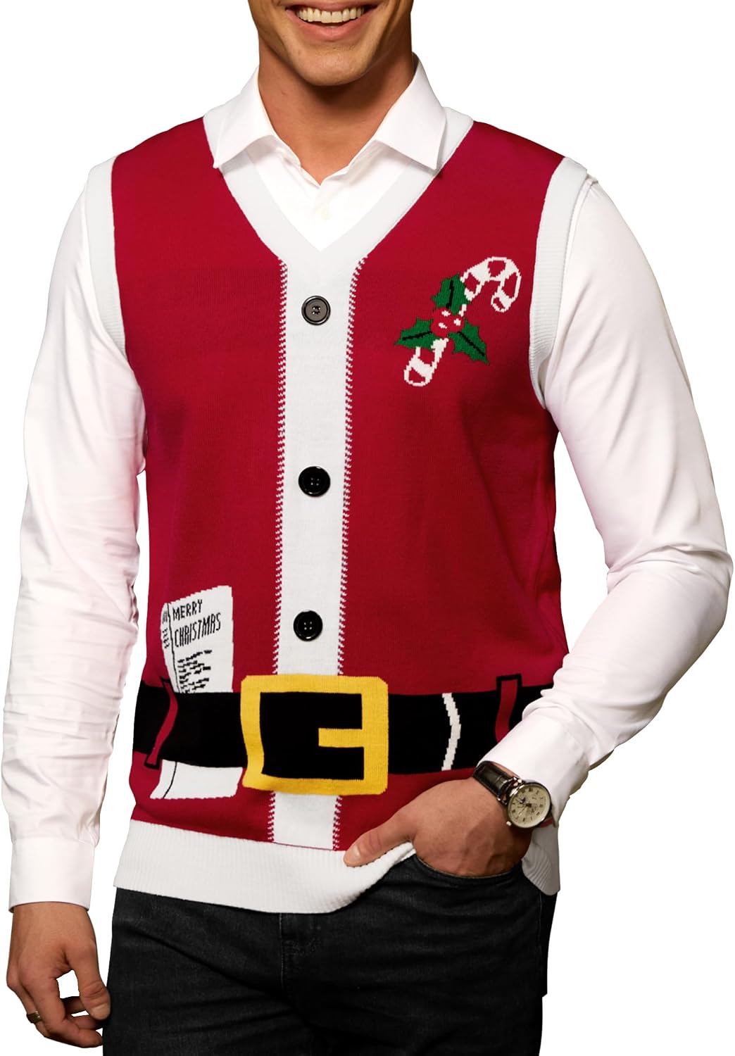 Men's Christmas Sweater Vest - V Neck Sleeveless Knit with Santa and Gingerbread Motifs in Sizes S to 3XL - Gray - Jesus