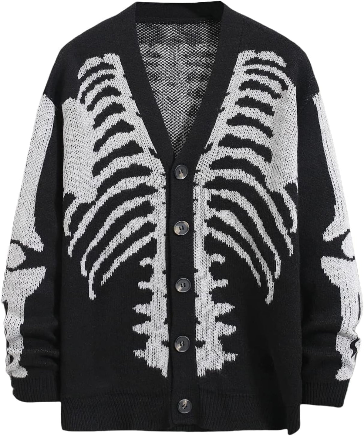 Skeleton Pattern Chunky Knit Cardigan - Long Sleeve Open Front Sweater for Halloween Nights and Winter Streetwear - Smal