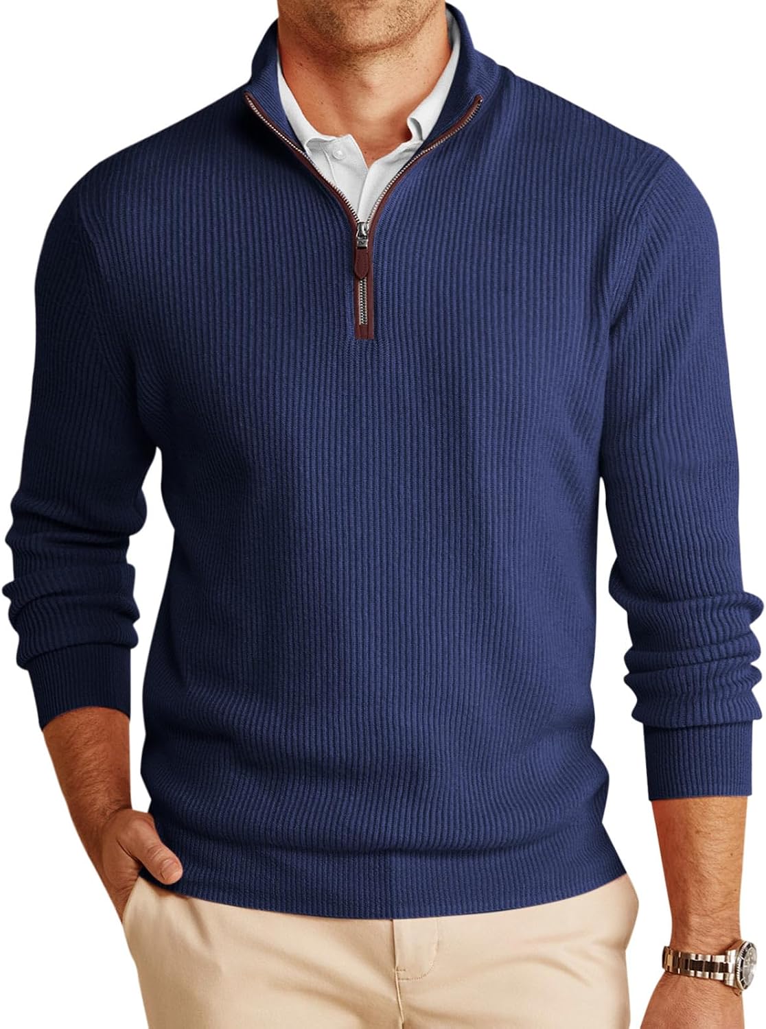 Men's Chunky Ribbed Knit Quarter Zip Sweater - Relaxed Fit Mock Neck for Winter Golf Rounds and Work Days - Small