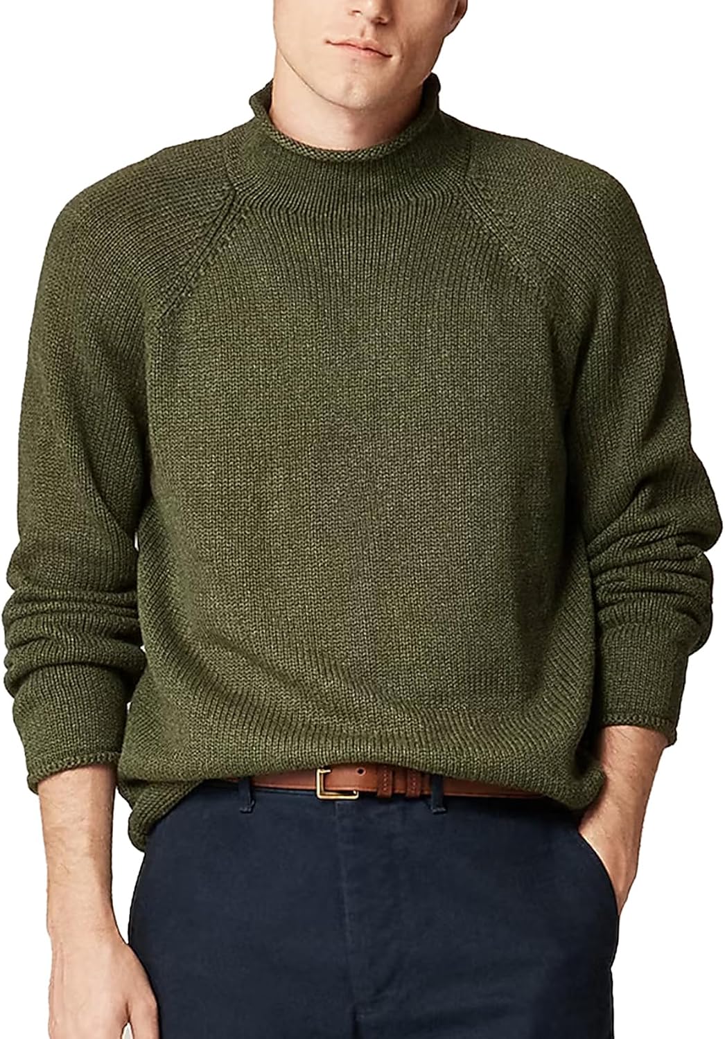 Men's Chunky Cotton Roll Neck Sweater - Raglan Sleeve Fisherman Knit Pullover for Cold Coastal Weekends - Medium