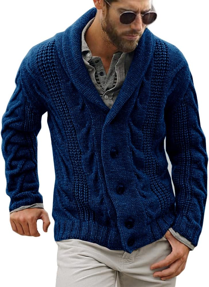 Men's Chunky Cable Knit Shawl Collar Cardigan - Loose Fit Button Down Sweater for Winter Fireside Evenings - Large