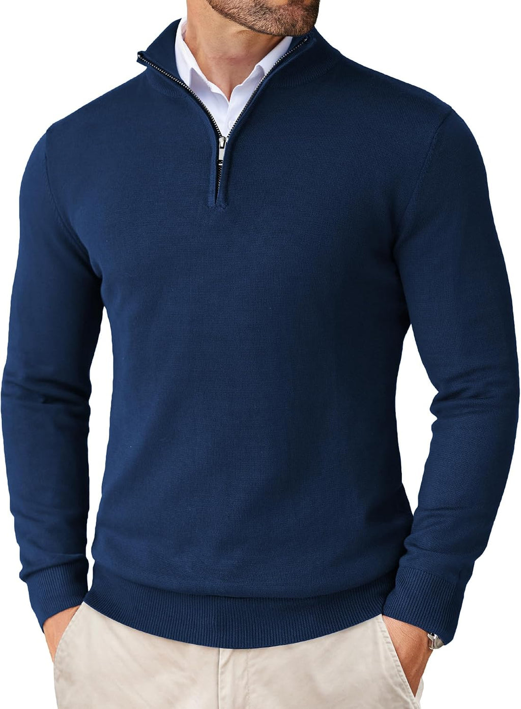 Men's Lightweight Knit Quarter Zip Pullover - Slim Fit Mock Neck with Metal Zipper Pull for Fall Office Days - Small
