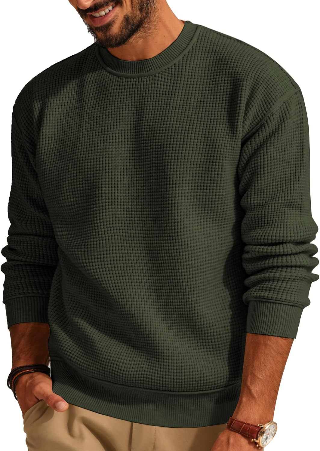 Men's Waffle Knit Crewneck Sweater in Army Green