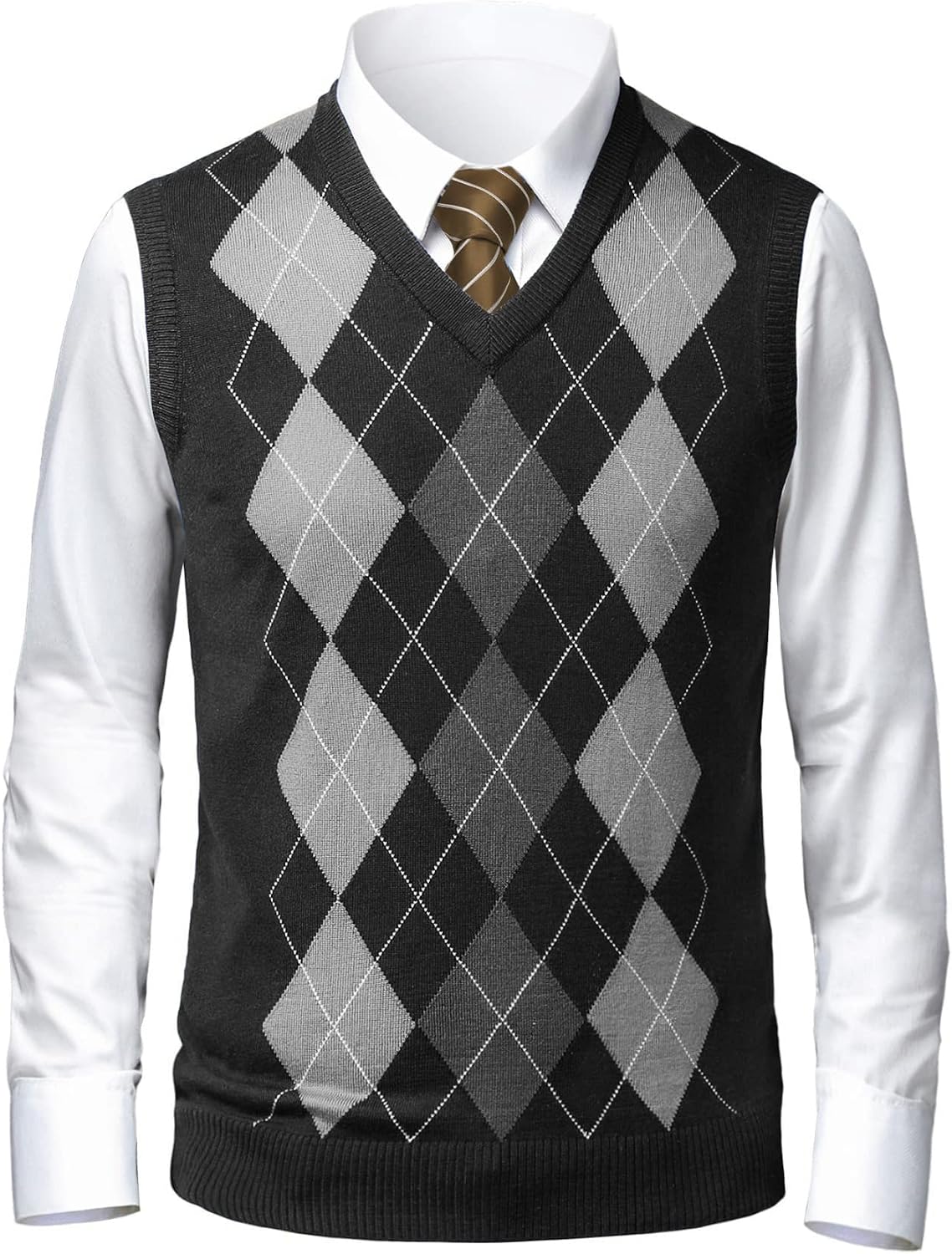 Men's Argyle V Neck Sweater Vest - Lightweight Sleeveless Knit with Slim Fit for Layering Over Dress Shirts - Medium
