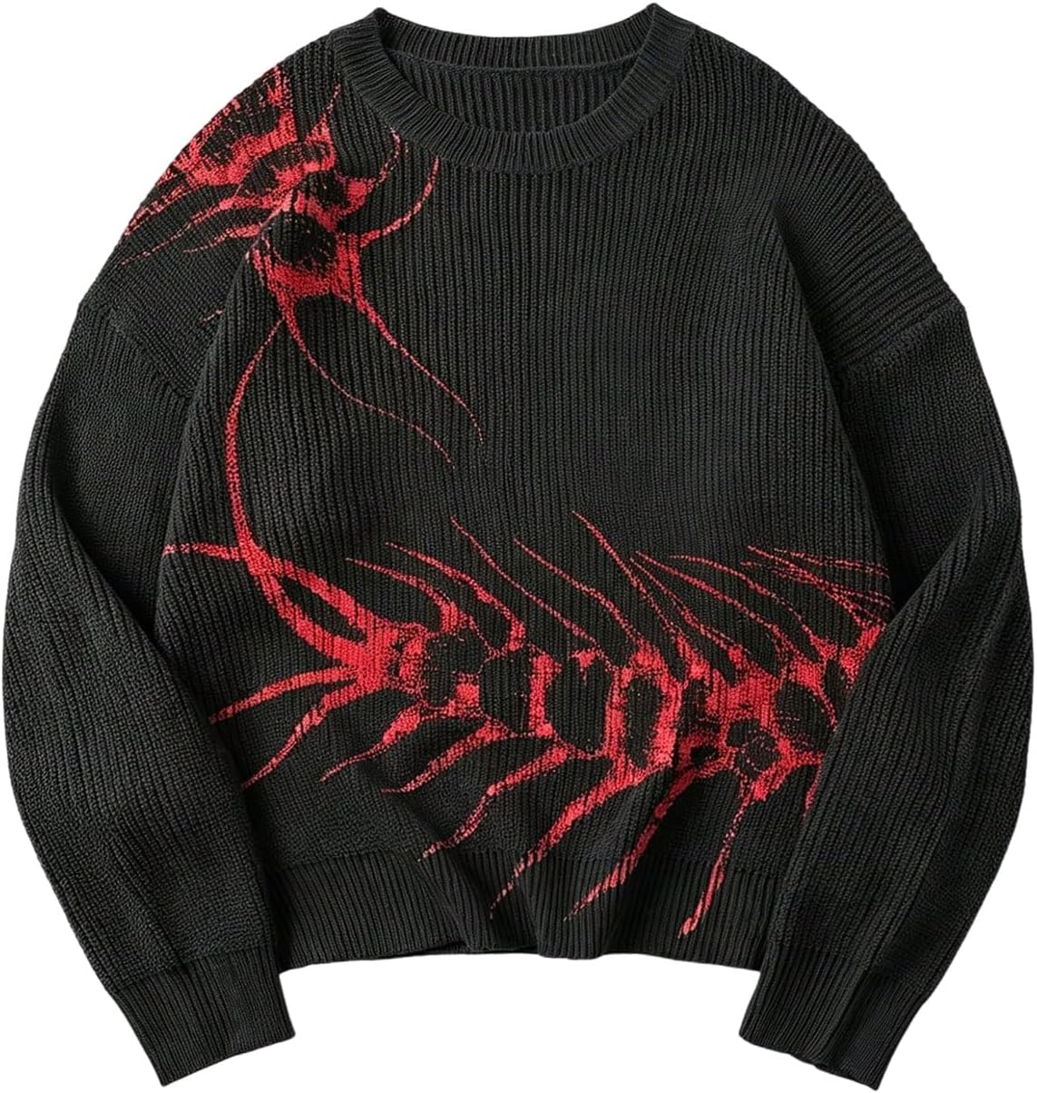 Men's Gothic Graphic Knit Sweater - Oversized Grunge Pullover for Halloween Nights and Winter Streetwear - Small