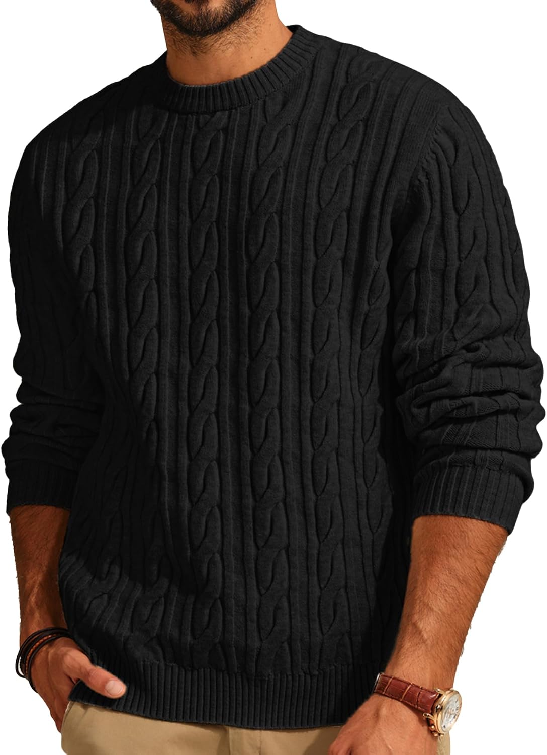 Men's Cable Knit Crewneck Sweater - Twist Textured Regular Fit Pullover in Solid Color for Business Casual Days - Medium