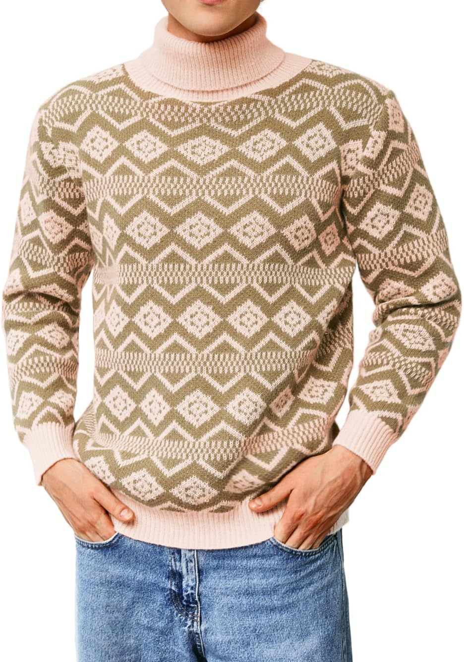Men's Nordic Chunky Knit Turtleneck Sweater in Light Pink