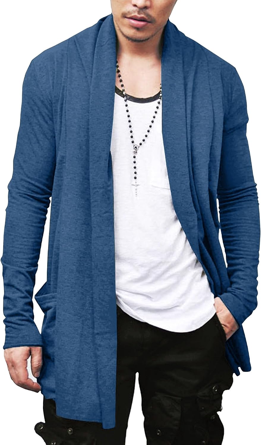 Men's Ruffle Shawl Collar Long Cardigan in Navy Blue