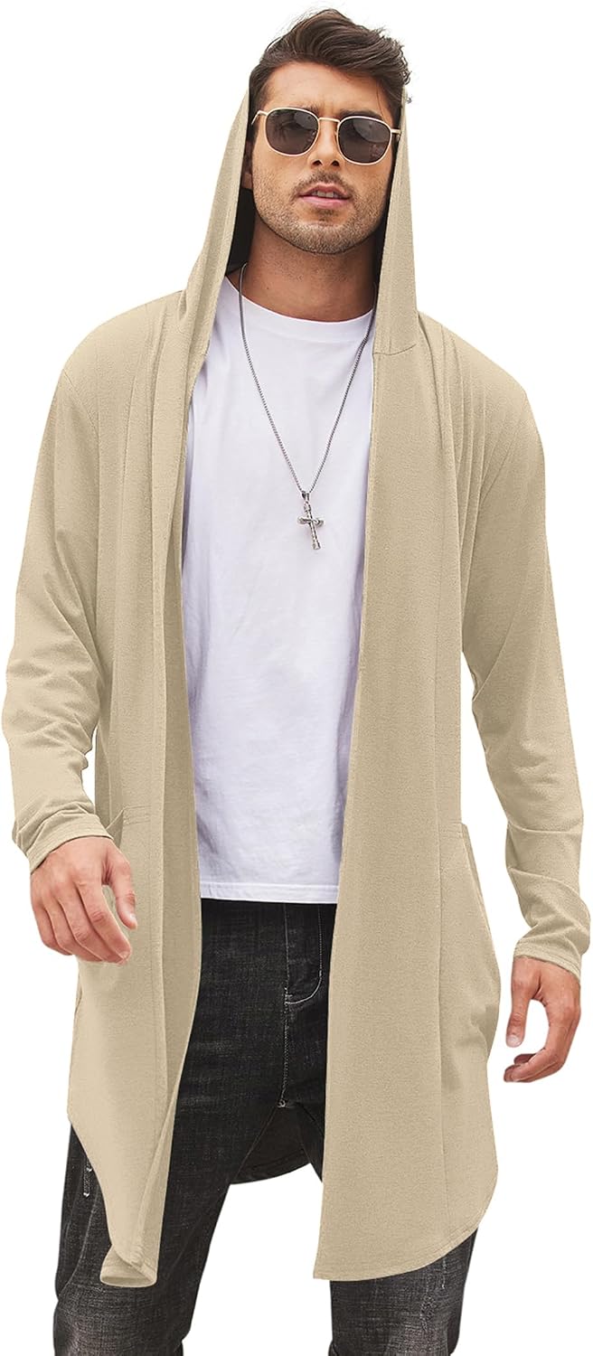 Men's Hooded Shawl Collar Long Cardigan - Open Front Drape Cape with Curved Hem and Two Pockets for Festivals - Medium
