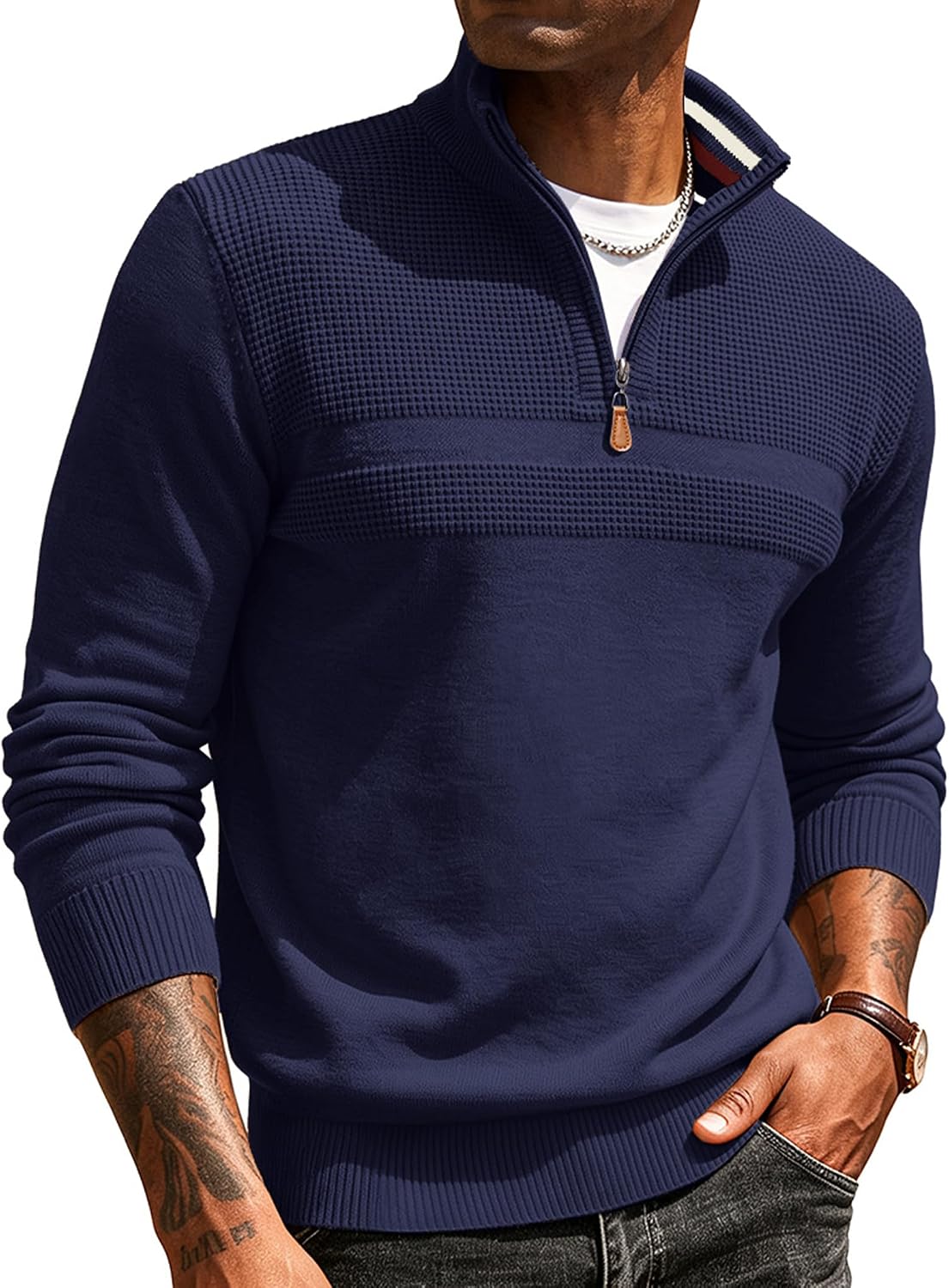 Men's Textured Quarter Zip Polo Sweater in Navy Blue