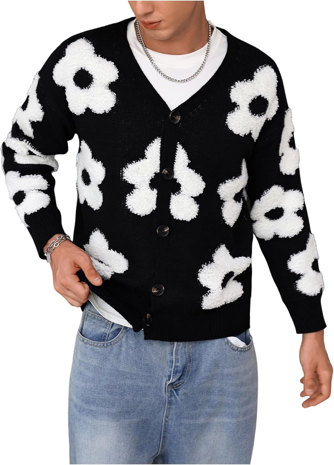 Skeleton Pattern Chunky Knit Cardigan in Floral Black