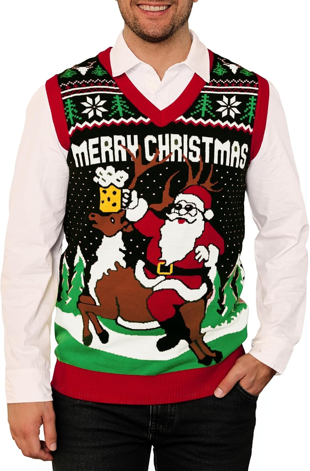 Men's Christmas Sweater Vest - V Neck Sleeveless Knit with Santa and Gingerbread Motifs in Sizes S to 3XL - Gray - Jesus